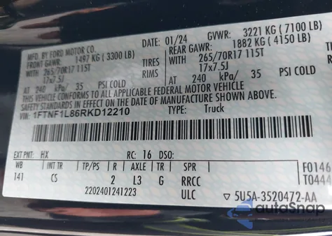 2024 Ford F-150 Xl из США, поврежденный, VIN 1FTNF1L86RKD12210